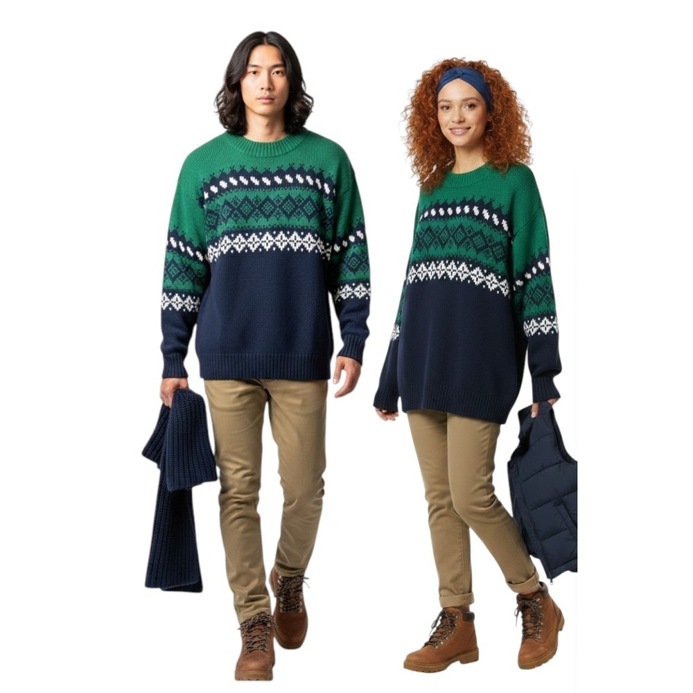 VTG GAP 100% Cotton Fair Isle Nordic Sweater Mens L Heavy Green Navy Unisex EUC